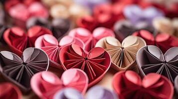 falso flores hecho desde reciclado papel son intrincadamente doblada dentro origami corazones, exhibiendo un único y ecoconsciente camino a incorporar flores dentro tu san valentin día decoración. foto