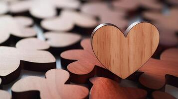 A plain, wooden puzzle piece, gradually transforming into a heartshaped piece, symbolizing how love can fill in the missing pieces and make us whole. photo