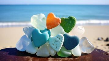 A unique heartshaped sea glass creation, with each piece carefully selected and p to form a oneofakind design against the backdrop of the ocean. photo