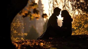 el amable silueta de un Pareja abrazado arriba en un parque, su oscuridad reflejando el calor y intimidad de su amor. foto