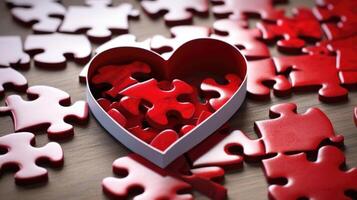 An image of a heartshaped puzzle, with some pieces missing and others fitting together perfectly, illustrating the process of healing and rebuilding a heart after it has been broken. photo