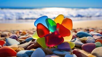 A vibrant heartshaped sea glass design, with each piece meticulously p and creating a rainbow of colors against the sandy beach. photo