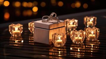 A row of flickering candles leads up to a perfectly p ring box, setting the stage for a heartfelt proposal in a candlelit setting. photo