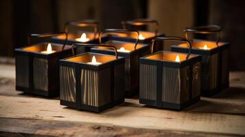 A set of square wooden tea light holders with black metal accents, emitting a soft, warm glow that perfectly complements the rugged and charming feel of a rustic barn wedding venue. photo