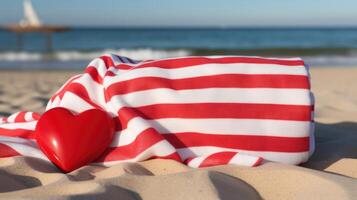 A classic red and white stripe pattern is accented with a row of small red hearts on this traditional beach towel. photo