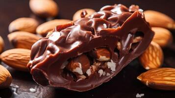 A zoomedin view of a chocolatecovered almond, showing off its crisp outer layer. photo
