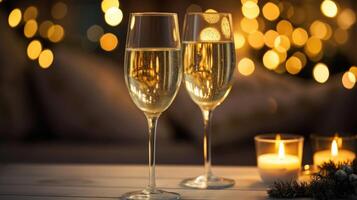 A pair of champagne glasses p beside a burning candle, creating a warm and intimate ambiance. photo