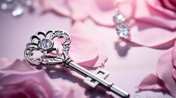 A delicate silver key delicately twisting in the lock, unlocking a world of romance and affection. photo