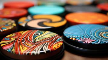 A set of handmade clay coasters, each one molded and painted by hand, giving them a oneofakind quality and highlighting the beauty of imperfections in handcrafted pieces. photo