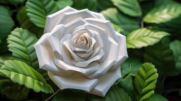 A paper rose, meticulously folded with crisp edges and soft petals, sits on a bed of green leaves, embodying the time and effort put into nurturing a loving partnership. photo