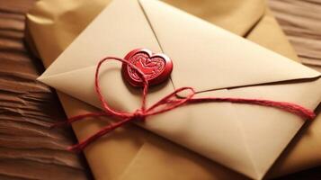 un de cerca de un escrito amor carta, con un en forma de corazon cera sello, transporte el romántico y íntimo Actuar de susurro dulce nada sobre papel. foto