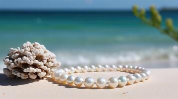 A simple yet elegant pearl necklace resting on a piece of coral, creating a stunning contrast against the blue waters of the beach. photo