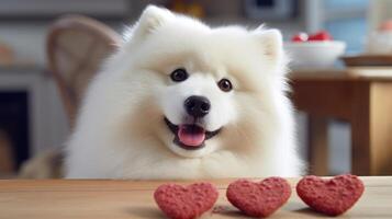 A fluffy white Samoyed watching intently as a heartshaped cookie is p in front of its nose, tail wagging with excitement. photo