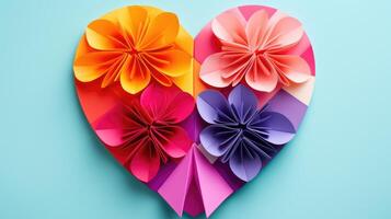 A colorful origami heart, made from vibrant paper and clever folds, radiating warmth and joy through its unique design. photo