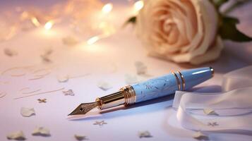 The pen glides effortlessly, creating a trail of shimmering stars that frame each word of the love letter, adding a touch of magic to the heartfelt message. photo