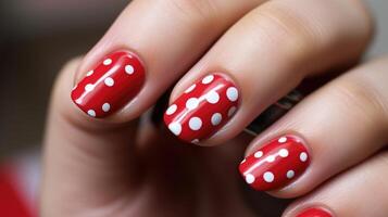 A detailed shot of a red and white polka dot nail design, with tiny silver hearts and a handdrawn cupids arrow for a playful and fun twist. photo