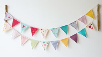 A charming fabric banner, lovingly stitched with colorful bunting and adorned with playful pompoms, adding a touch of childlike wonder and joy to any room. photo