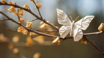 A paper erfly, delicately folded and p on a branch, symbolizing the transformative power of love and how it can bring beauty and joy to ones life. photo