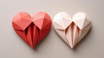 A trio of origami hearts, each one expertly folded and p together, creating a stunning visual display of precision and skill. photo