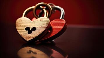 Two small keys interlocking inside a heartshaped lock, visually representing how two individuals in love have the power to unlock each others hearts. photo