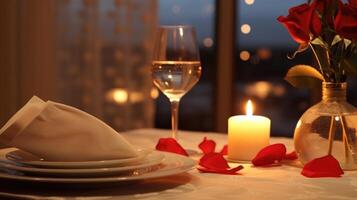 The room is aglow with the soft light of candles, setting the perfect mood for a romantic dinner. The table for two is adorned with elegant place settings and a single rose, adding a photo