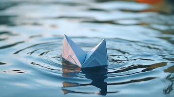 un sencillo sábana de papel por arte de magia transforma dentro un juguetón origami bote, simbolizando un viaje de amor. foto