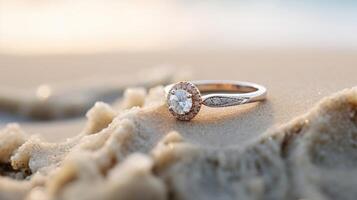 A sparkling diamond engagement ring, p delicately on a seashell and surrounded by tiny white flowers tered on the sand. photo