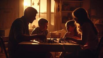 A shadowed silhouette of a family gathered around a table, playing a board game with intense concentration. photo