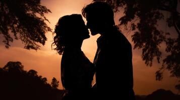 Two silhouettes merge into one as they lean in for a kiss, their shadows blending and creating a breathtaking romantic scene. photo