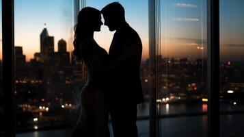 With the city skyline as their backdrop, the reflection of a couples intimate moment in the window of a skyser captured the true depth of their love. photo