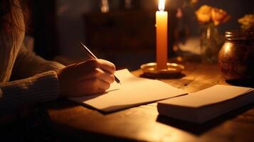 As the night stretches on, a person sits alone at a desk, the candle providing the only source of light as they pen a letter filled with adoration. photo