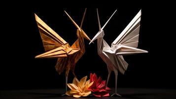 Two origami cranes stand side by side, their wings creating a heart shape as they gaze lovingly at each other, representing the deep connection and devotion in a couples love. photo