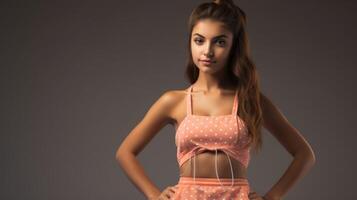Minimalistic view of a retroinspired tankini in Peach Fuzz, featuring a white polka dot pattern and a sweet bow detail on the neckline. photo