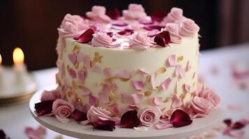 An upclose look at a vanilla rose cake decorated with a cascading pattern of rose petals, creating a romantic and whimsical dessert. photo