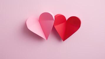 Two paper hearts, one red and one pink, intertwined and folded together in a symbol of love and friendship. photo