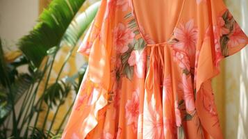 Closeup of a flowy Peach Fuzz coverup with a vintage tropical print, perfect for lounging by the pool or sipping tails on a sunny day. photo