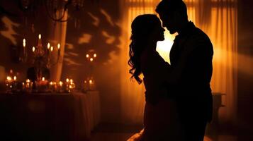 en contra el fondo de el alumbrado por velas danza piso, el parejas moverse en fluido movimientos, su siluetas casi mezcla dentro el romántico brillo. foto