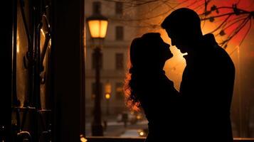 The silhouette of a couple can be seen through a frosted window, their shadows dancing in the warm glow of a streetlamp, adding to the romantic flair of the cityscape on Valentines Day. photo