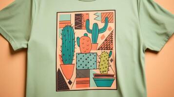 Closeup of a Peach Fuzz graphic tee with a whimsical cactus design made up of bold geometric shapes in shades of green and blue. photo