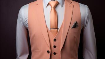 Closeup of a Peach Fuzz threepiece suit, complete with a vest for a timeless and polished look. photo