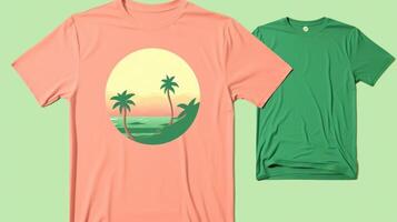 Minimalistic view of a Peach Fuzz graphic tee with a bold illustration of a tropical paradise in shades of pink and green. photo