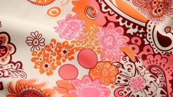 Closeup of a Peach Fuzz graphic tee with a bold and colorful paisley print design. photo