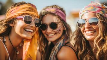 Closeup of a group of friends at a festival, all rocking Peach Fuzz bandanas styled in different ways. photo