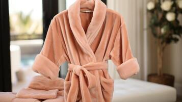 Closeup of a luxurious Peach Fuzz velvet robe, with its soft and plush feel making lounging at home feel like a VIP experience. photo