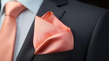 Minimalistic view of a Peach Fuzz pocket square, the perfect accessory to add a pop of color to a suit or jacket. photo