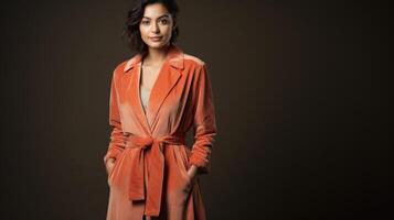 Minimalistic view of a Peach Fuzz velvet trench coat, elevating any outfit with its luxurious yet versatile design. photo
