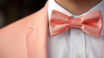 Closeup of a Peach Fuzz bowtie, adding a dapper touch to a classic suit. photo