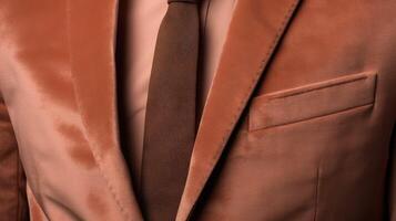 Closeup of a dapper Peach Fuzz velvet suit, exuding confidence and style with its rich color and smooth texture. photo