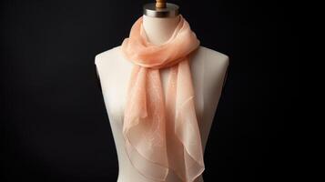 Minimalistic view of a pastel peach fuzz scarf, adorned with subtle shimmer details. photo