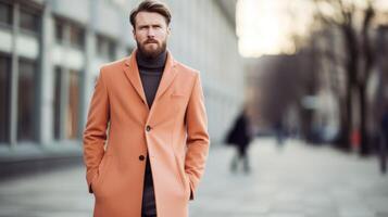 Minimalistic view of a tailored Peach Fuzz overcoat, ideal for a sophisticated winter look. photo